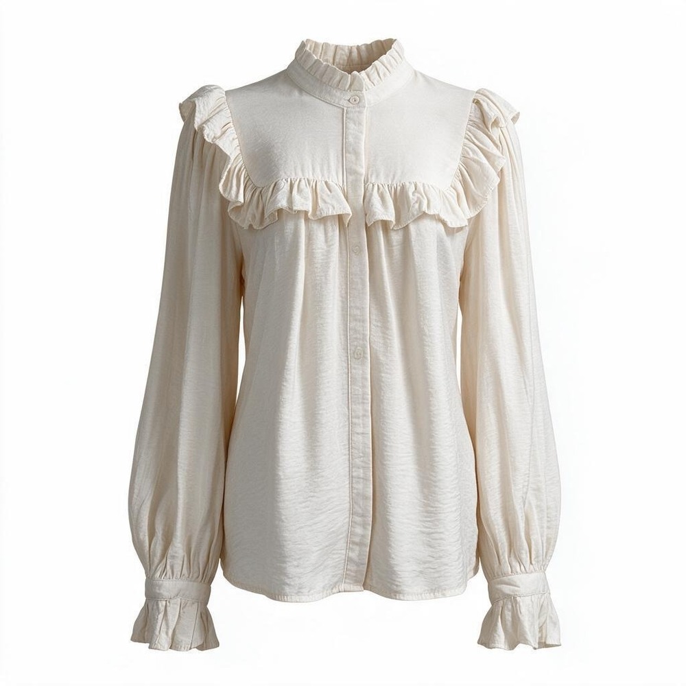 Edwardian Womens Long Sleeve Button Top Size L Ivory Ruffle Victorian Peasant